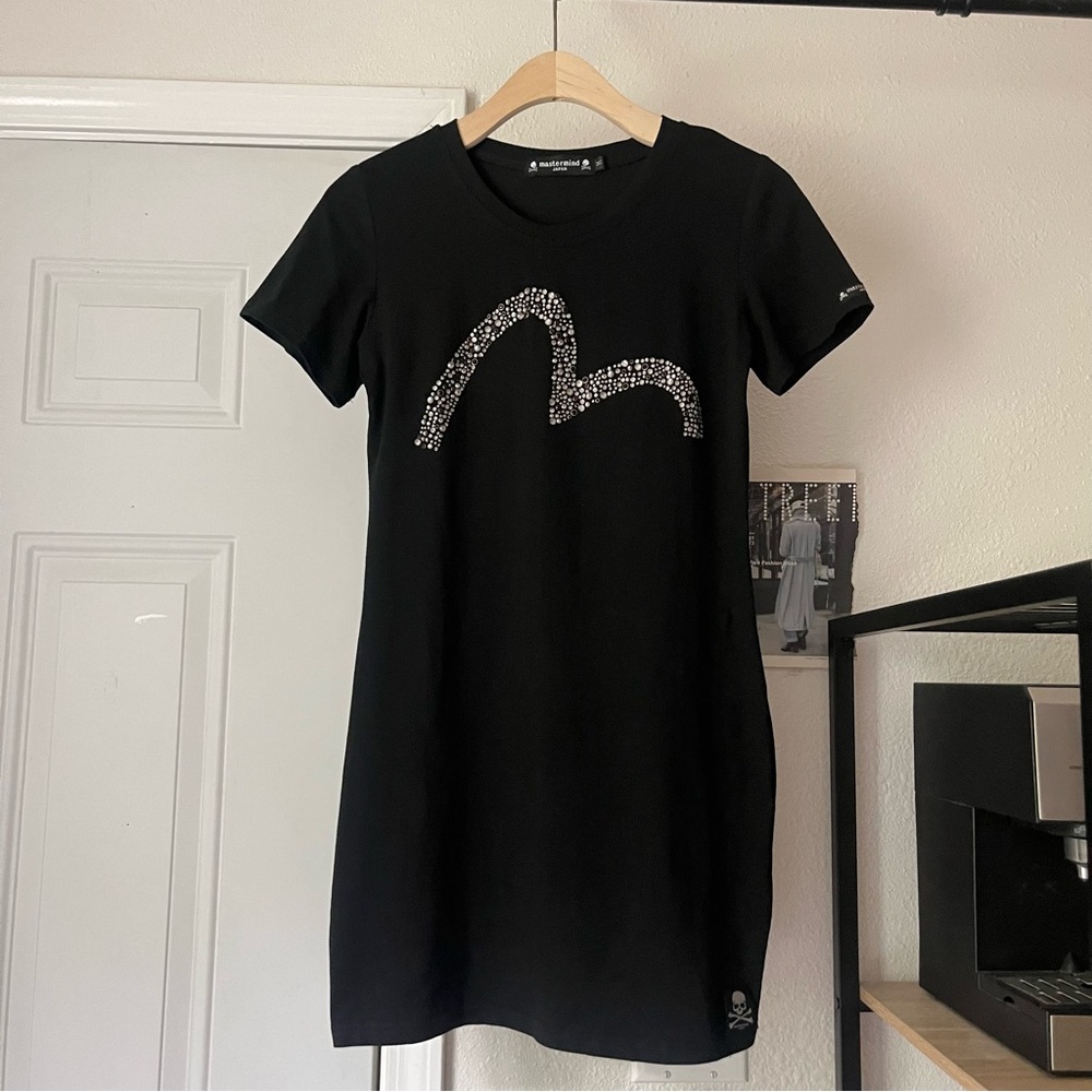 MASTERMIND JAPAN black logo rhine stone beaded gem short sleeve knit tshirt mini